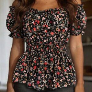 No Boundaries M Floral Smocked Peplum Blouse | Puff Sleeve Cottagecore Top